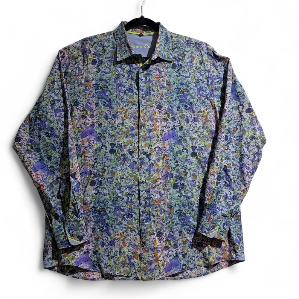 Visconti Black Mens XL Floral Button Up Shirt Blue Multi Cotton Long Sleeve